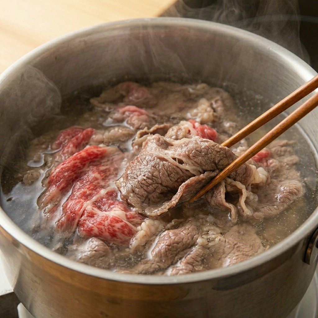 끓는 물에 횡성 한우 차돌박이를 한 장씩 빠르게 데치는 조리 과정