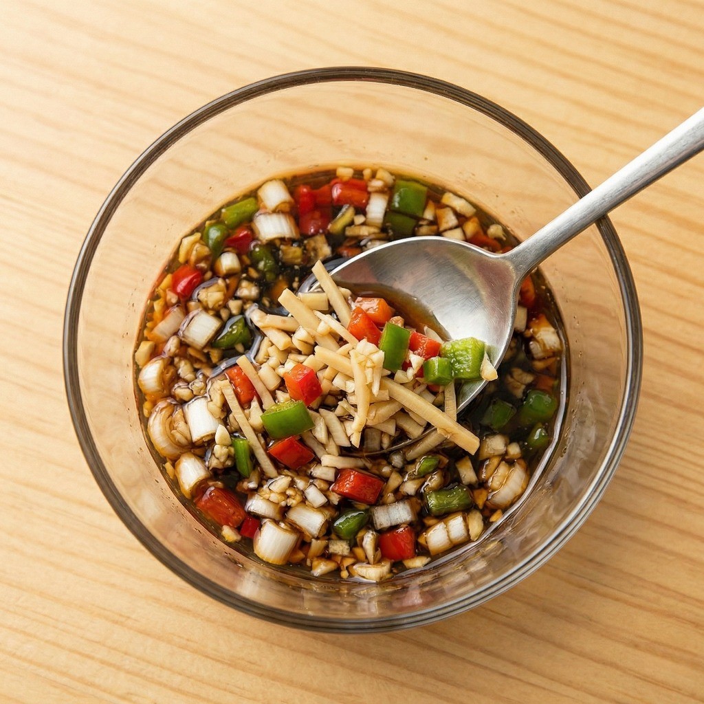 다진 마늘, 피망, 담양 죽순에 간장과 식초를 섞어 특제 만능 냉채 소스 만들기