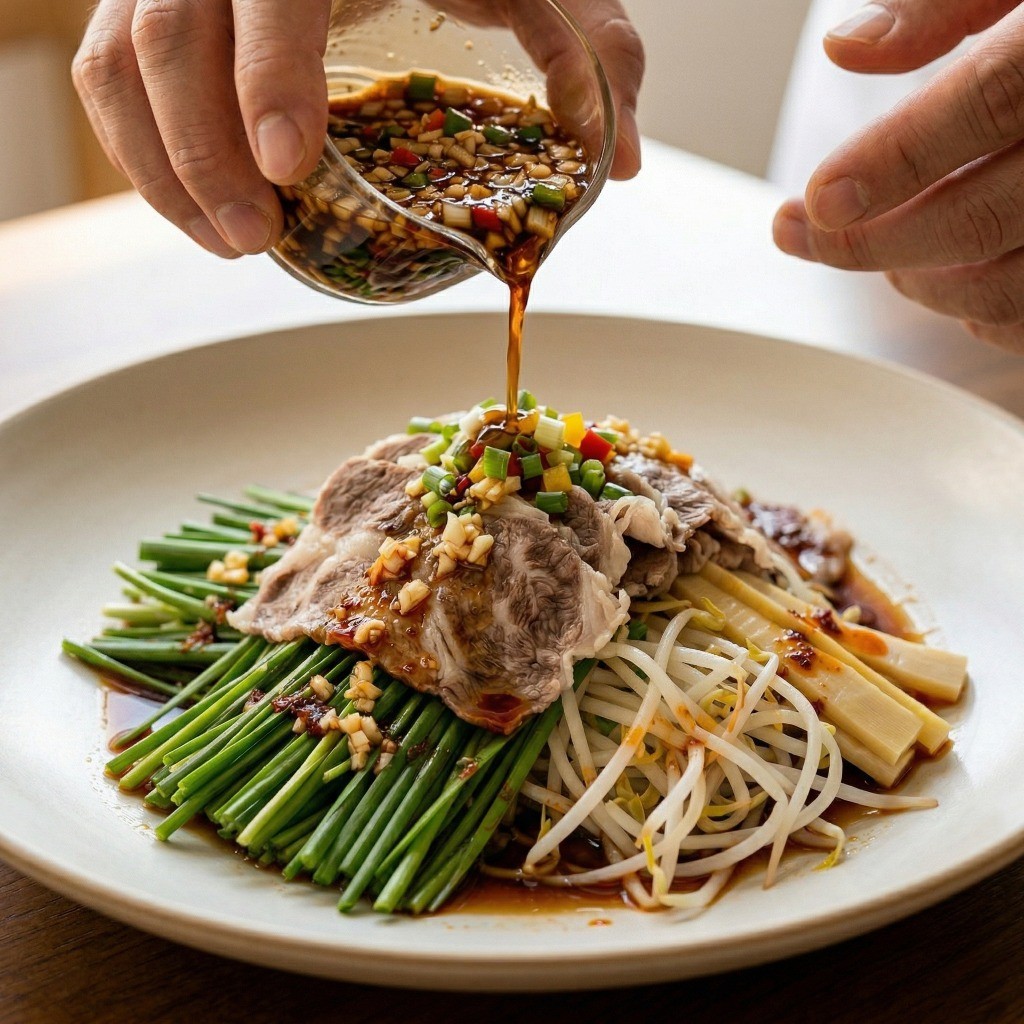 접시에 숙주, 쪽파, 차돌박이를 올리고 특제 소스를 뿌려 완성한 차돌 쪽파 냉채 플레이팅