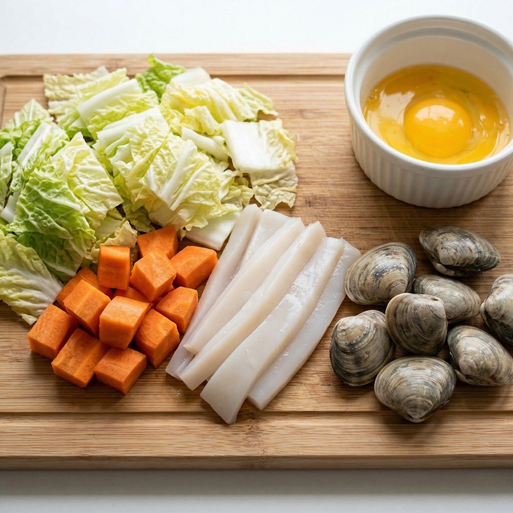 이연복 옛날 우동 재료 손질: 얼갈이배추, 당근, 오징어 투박하게 썰기