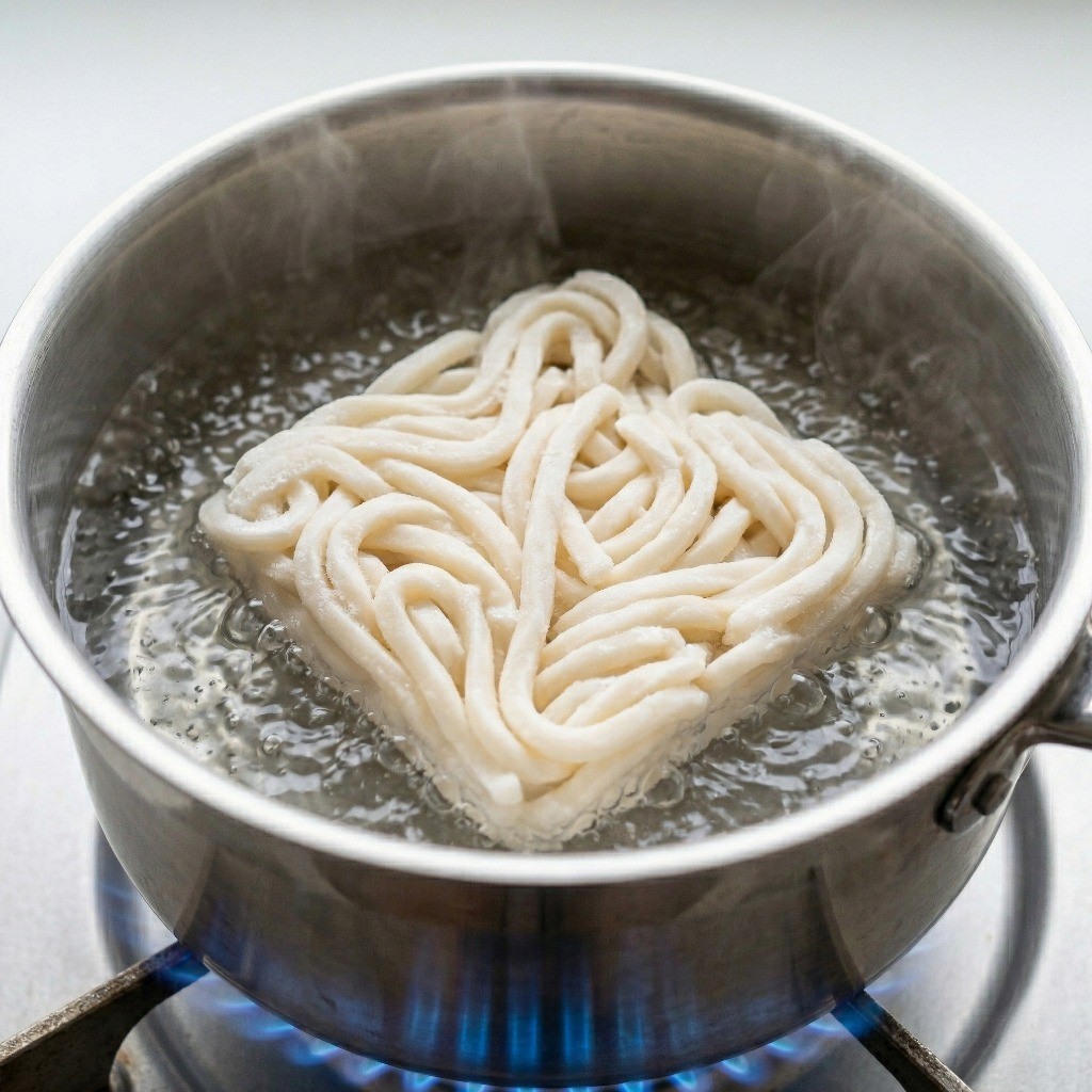 중식 우동면 데치기: 끓는 물에 냉동 우동면 넣고 건져내기