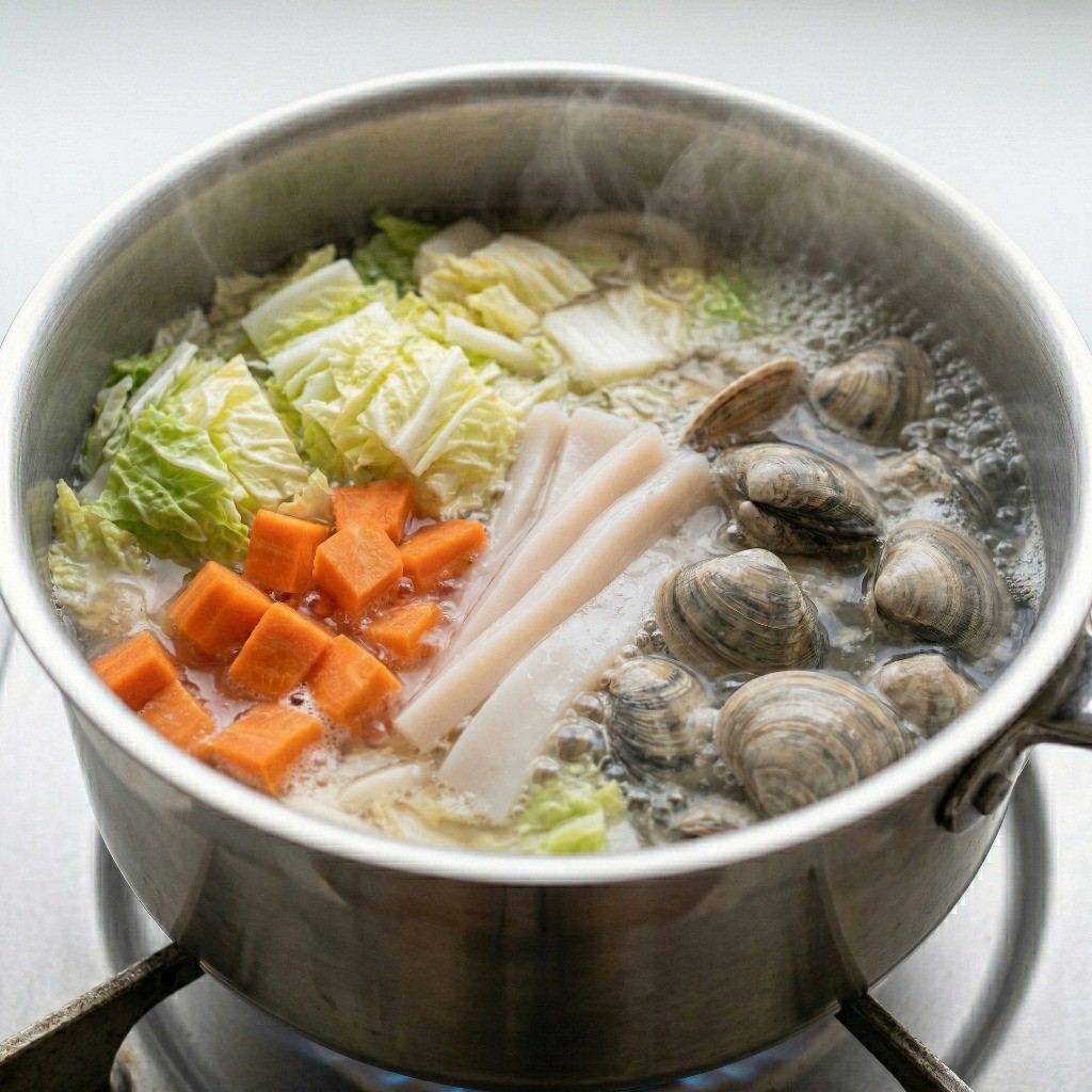 시원한 해물 우동 국물 만들기: 채소와 바지락, 오징어 넣고 끓이기