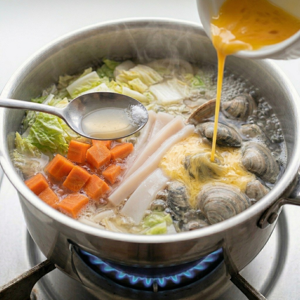 옛날 우동 국물 비법: 치킨스톡으로 간을 맞추고 계란물 풀기