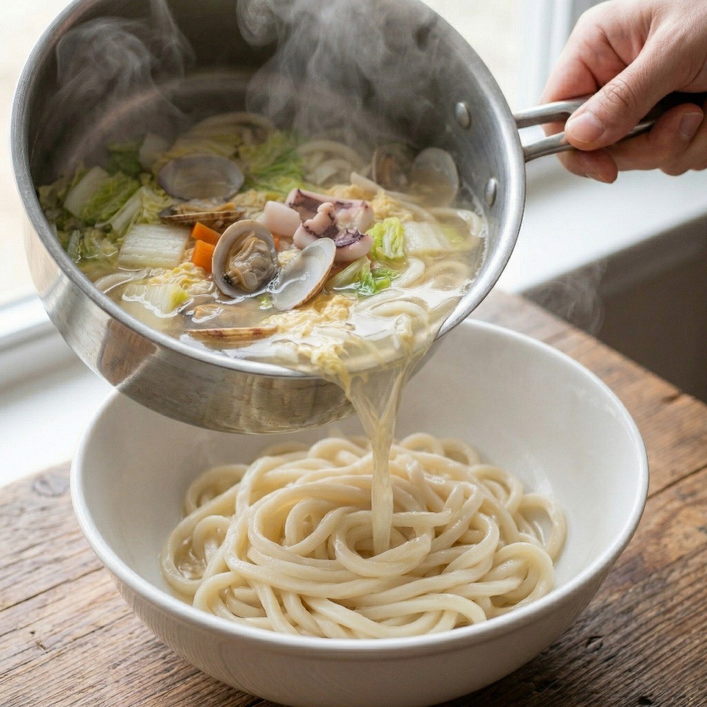이연복 중식 옛날 우동 완성: 데친 면 위에 뜨거운 해물 육수 붓기