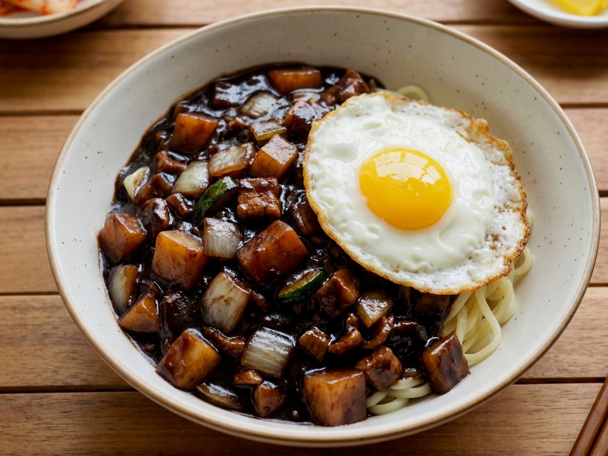 이연복 셰프의 추억의 옛날 물짜장면 완성된 모습. 걸쭉한 짜장 소스와 바삭한 반숙 계란 프라이가 올려져 있습니다.