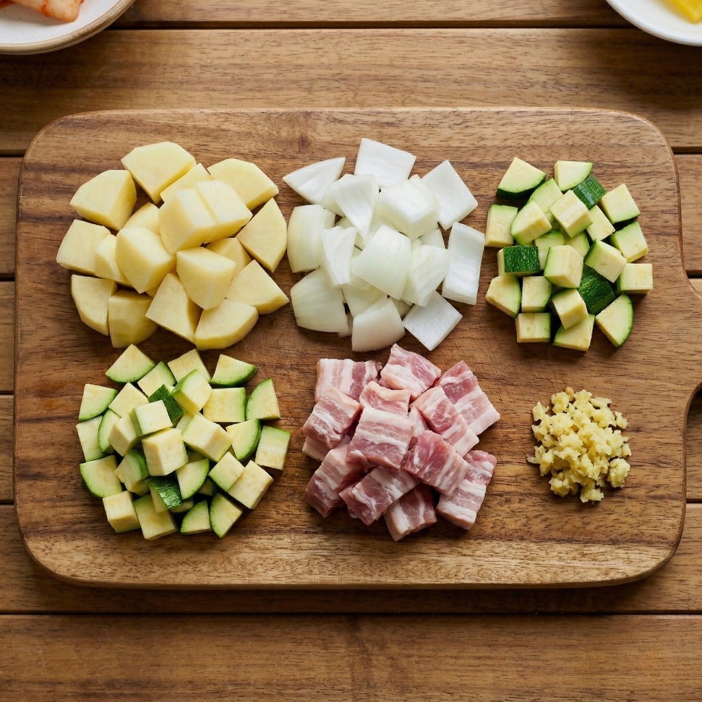 이연복 물짜장 레시피 재료 준비: 양파, 애호박, 감자, 돼지고기를 큼직하게 깍둑썰기하여 도마 위에 준비한 모습
