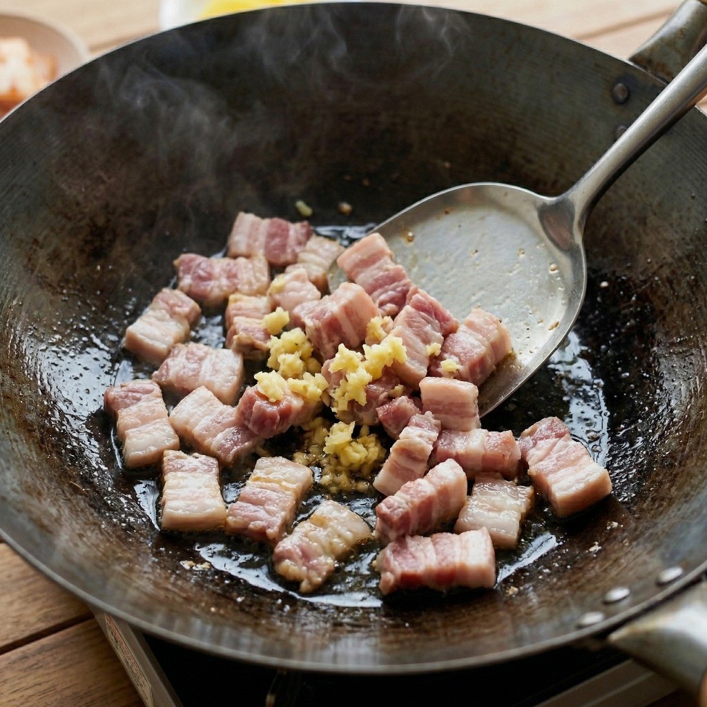 옛날 짜장면 만들기: 뜨거운 팬에 식용유를 두르고 깍둑썰기한 돼지고기와 다진 생강을 볶아 고기 기름을 내는 과정