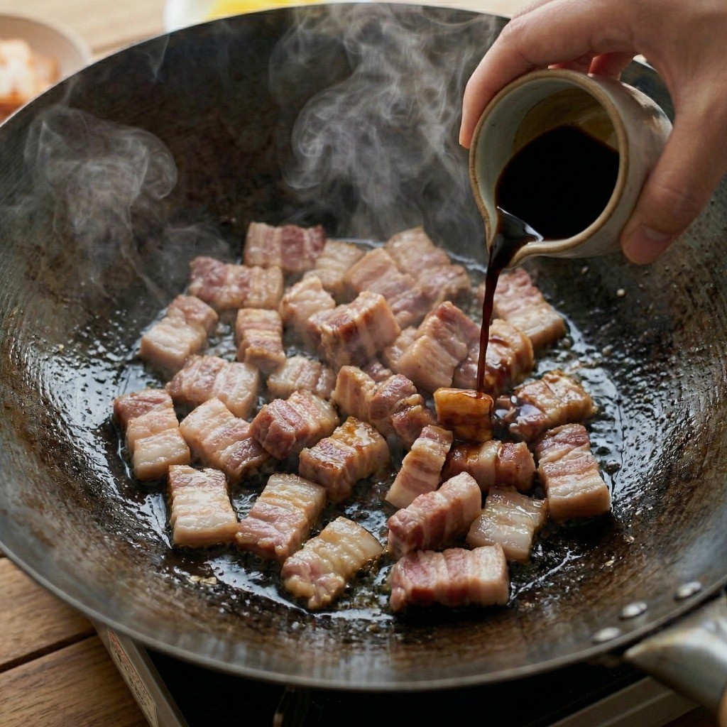물짜장 불맛 내기 비법: 볶은 돼지고기 가장자리에 간장을 둘러 넣어 중식 특유의 불향을 입히는 모습