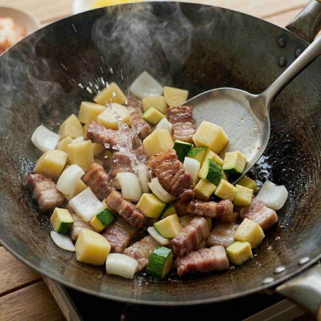 이연복 옛날 짜장 야채 볶기: 큼직하게 썬 감자, 양파, 애호박을 돼지고기와 함께 팬에 볶는 과정