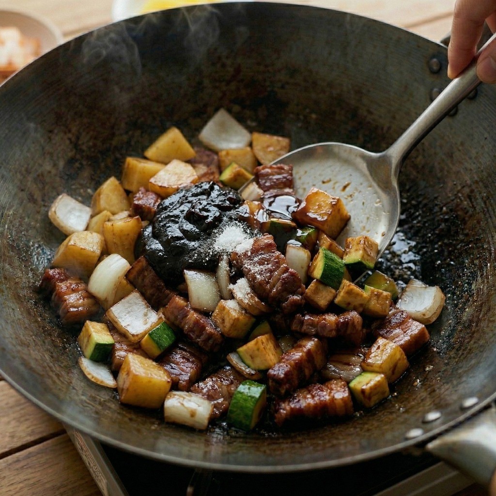 짜장면 양념하기: 볶아진 재료에 볶음 춘장, 굴소스, 설탕을 듬뿍 넣고 골고루 섞으며 볶는 모습
