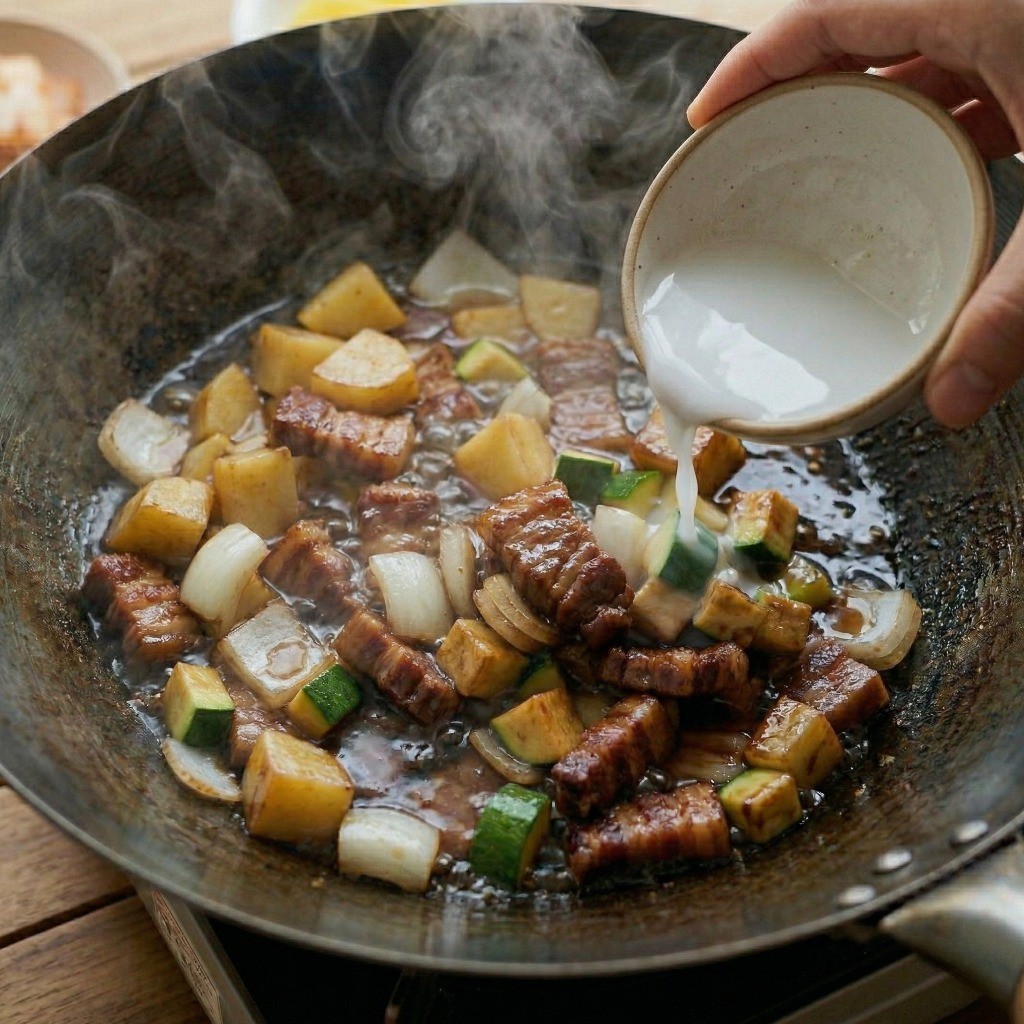 물짜장 농도 맞추기: 물을 붓고 끓인 짜장 소스에 전분물을 풀어 걸쭉하고 윤기 나는 옛날식 짜장 소스를 완성하는 과정