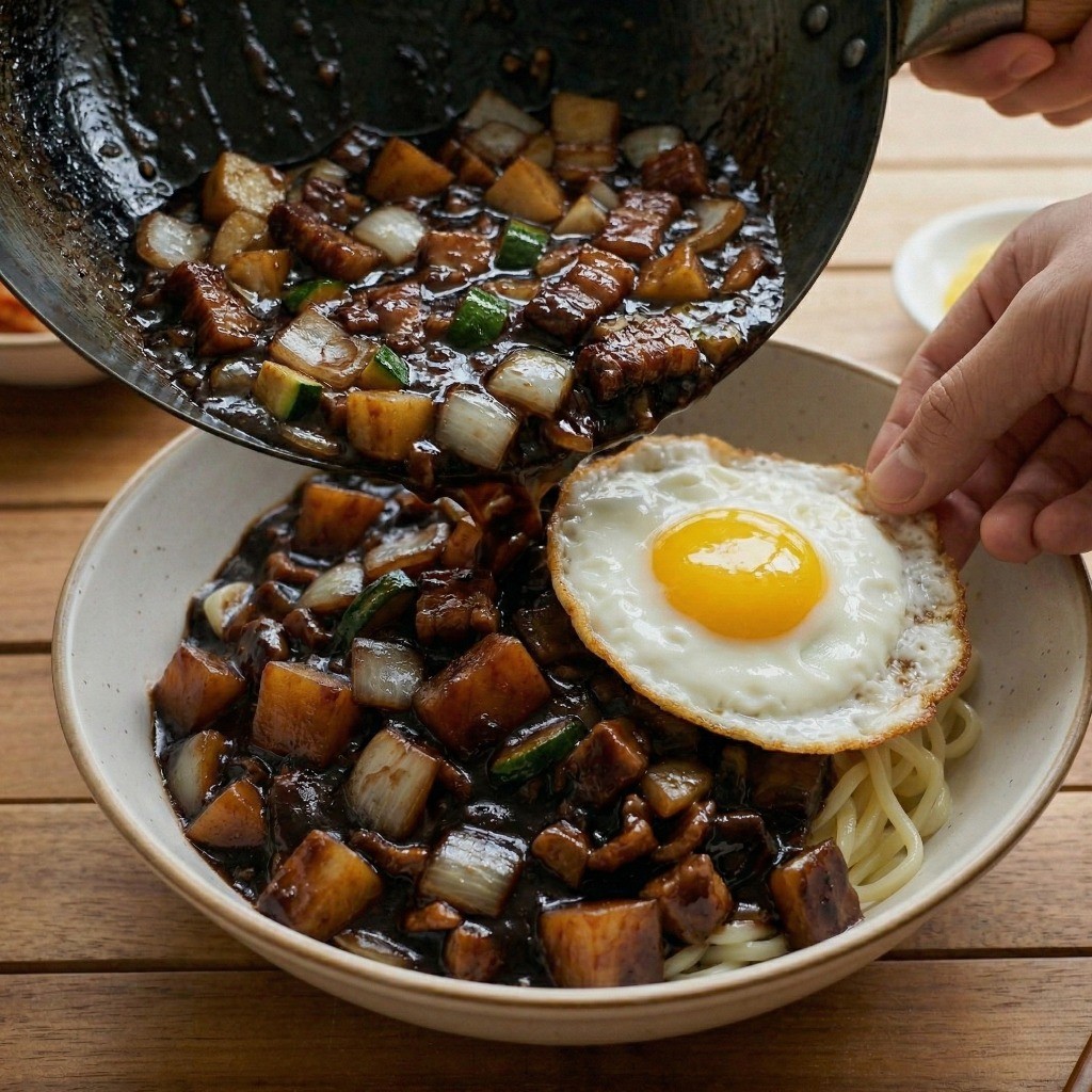 이연복 물짜장 완성 플레이팅: 쫄깃한 중화면 위에 걸쭉한 물짜장 소스를 듬뿍 붓고 중국집 스타일의 튀긴 계란 프라이를 얹은 모습