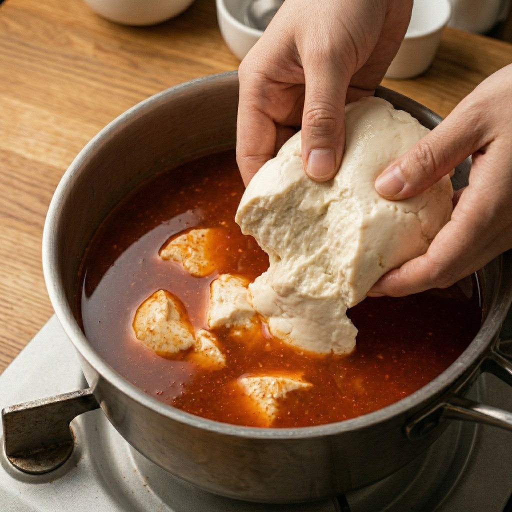 물이 끓기 전 차가운 상태에서 튜브형 순두부를 자르지 않고 통째로 냄비에 넣는 모습