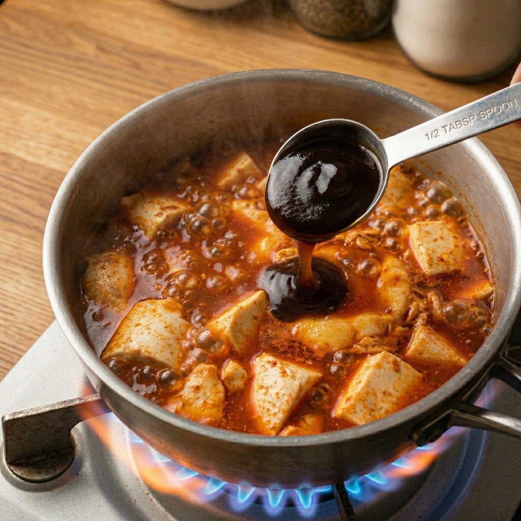 라면 스프 순두부찌개의 깊은 감칠맛을 내기 위해 굴소스 반 스푼을 추가하는 모습