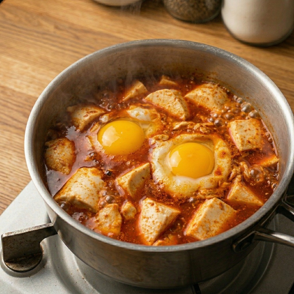 국물이 끓어오를 때 계란 2개를 넣어 완성한 다이어트 야식 5분 순두부찌개