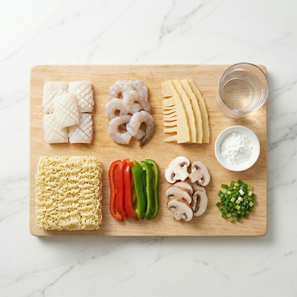 오징어, 새우, 피망 등 이연복 팔보채 라면 재료를 예쁘게 손질한 모습