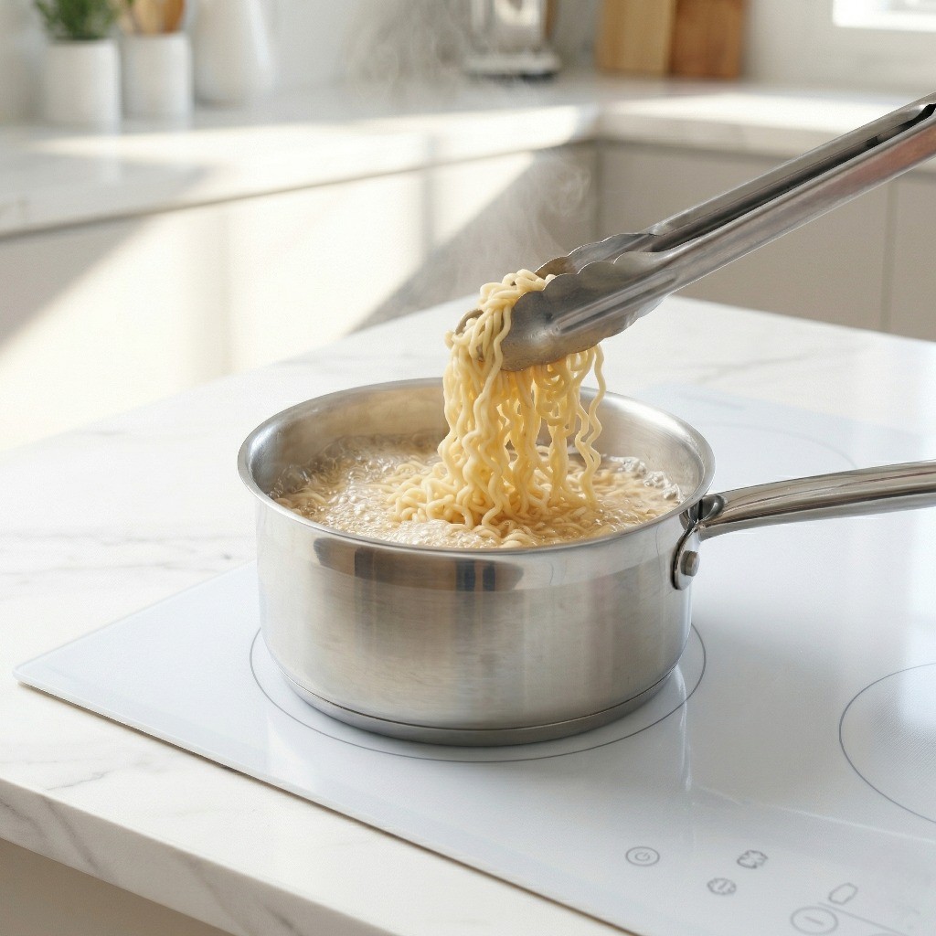 팔보채 라면을 위해 면발을 꼬들하게 삶아 건져내는 모습