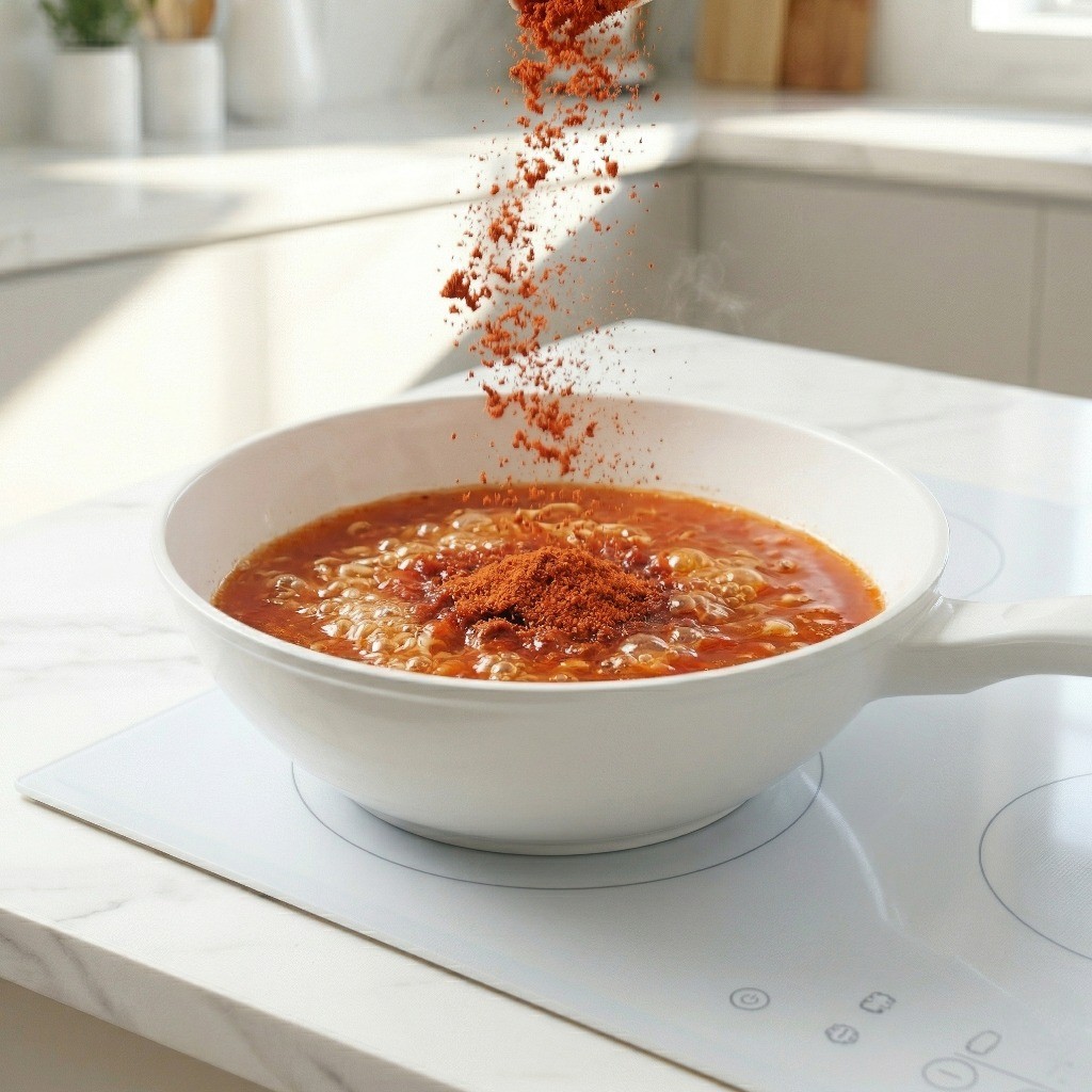 팬에 물 400ml와 라면 스프를 넣고 팔보채 육수를 끓이는 과정