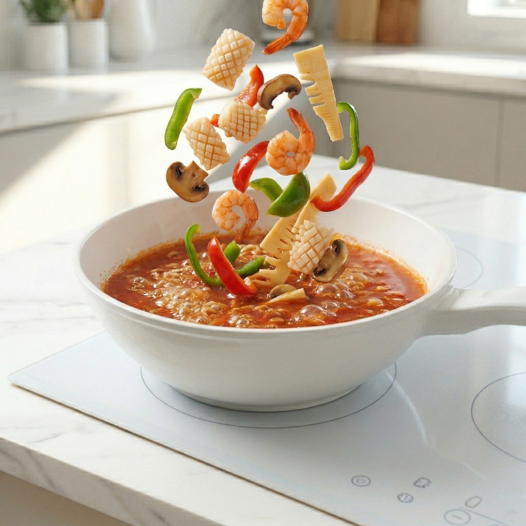 끓는 육수에 손질한 해산물과 야채를 넣고 끓이는 팔보채 라면 조리 과정