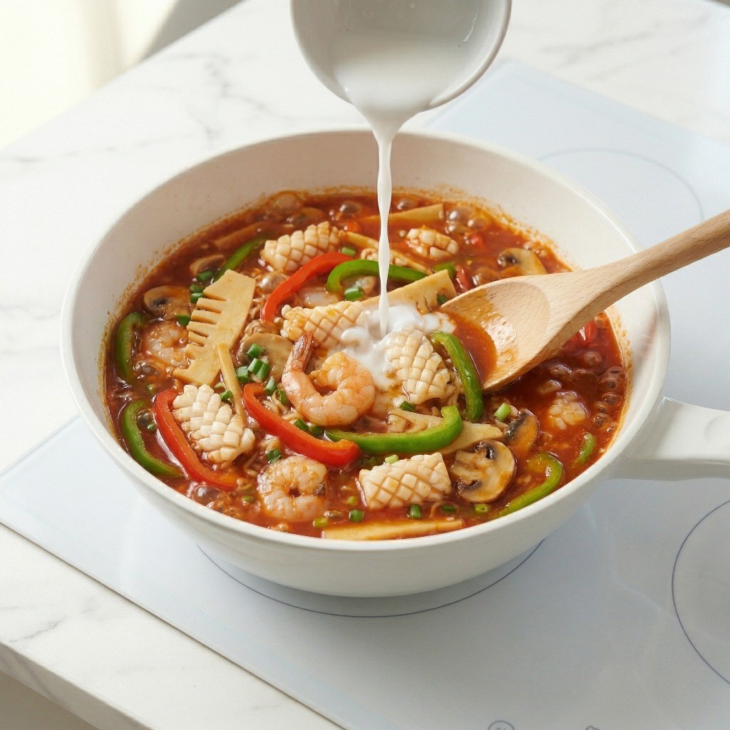 전분물을 풀어 걸쭉해진 해물 소스를 라면 면발 위에 붓는 최종 완성 단계