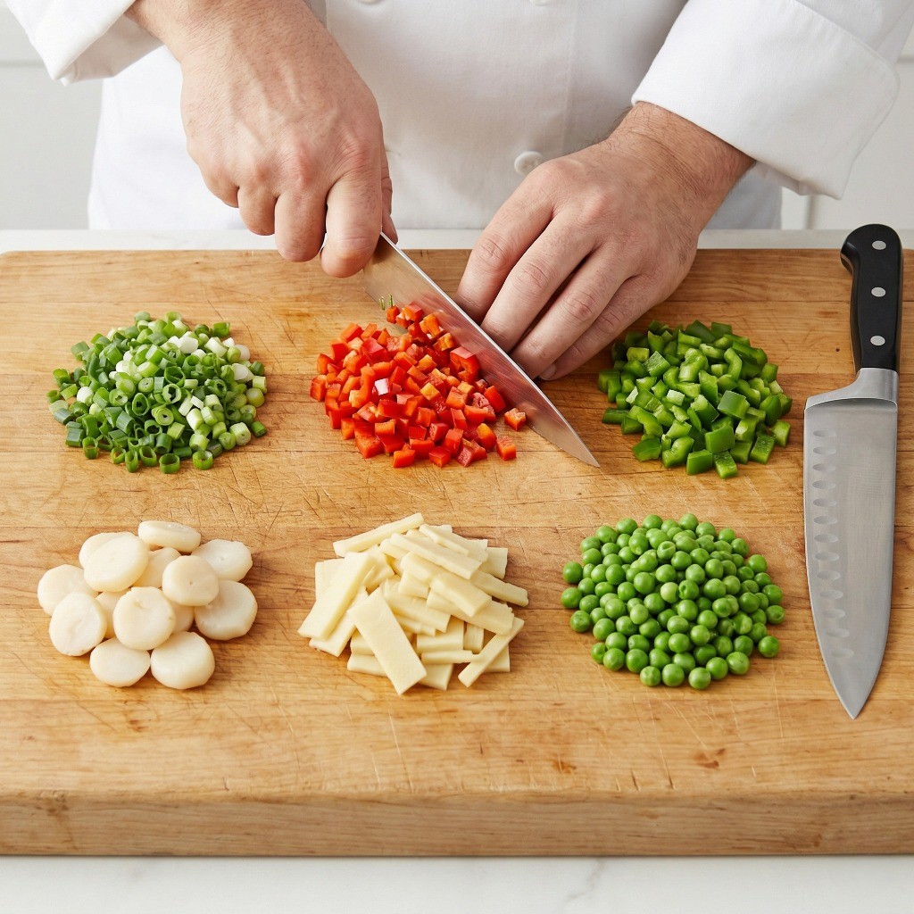 어향동고 소스용 채소 다지기 - 물밤, 죽순, 완두콩, 대파, 피망을 잘게 다진 모습