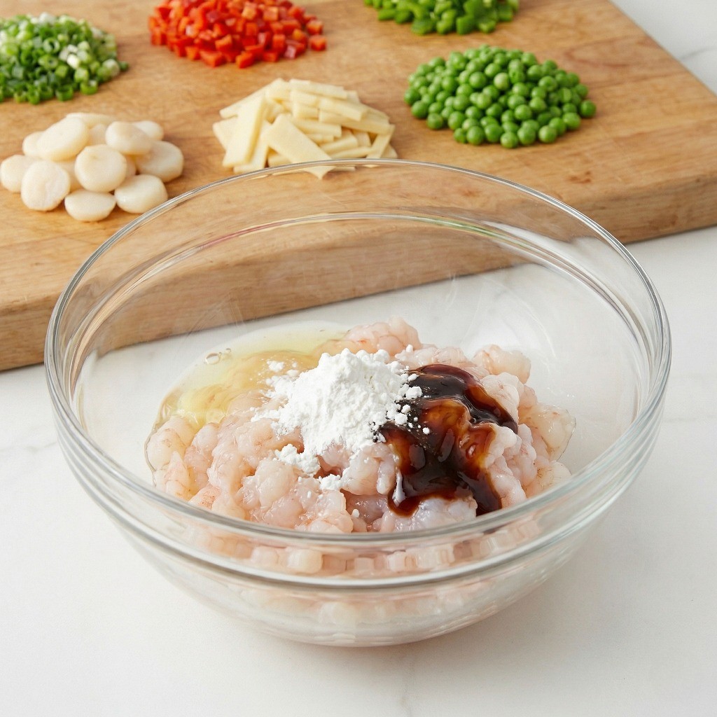 어향동고 새우 반죽 만들기 - 다진 새우에 달걀 흰자, 전분, 굴소스를 넣고 치대는 과정