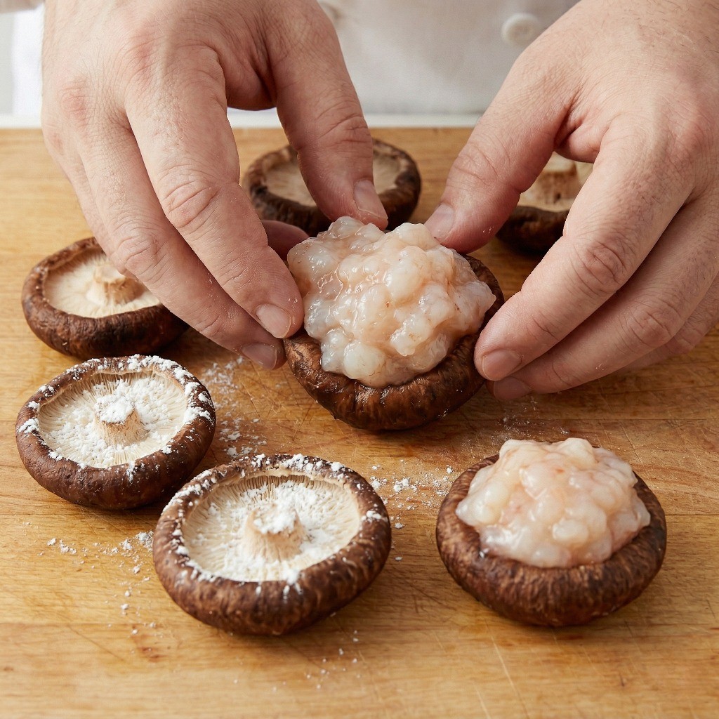 표고버섯에 새우 반죽 채우기 - 전분을 묻힌 불린 표고버섯 안에 동그랗게 빚은 새우살을 넣는 모습
