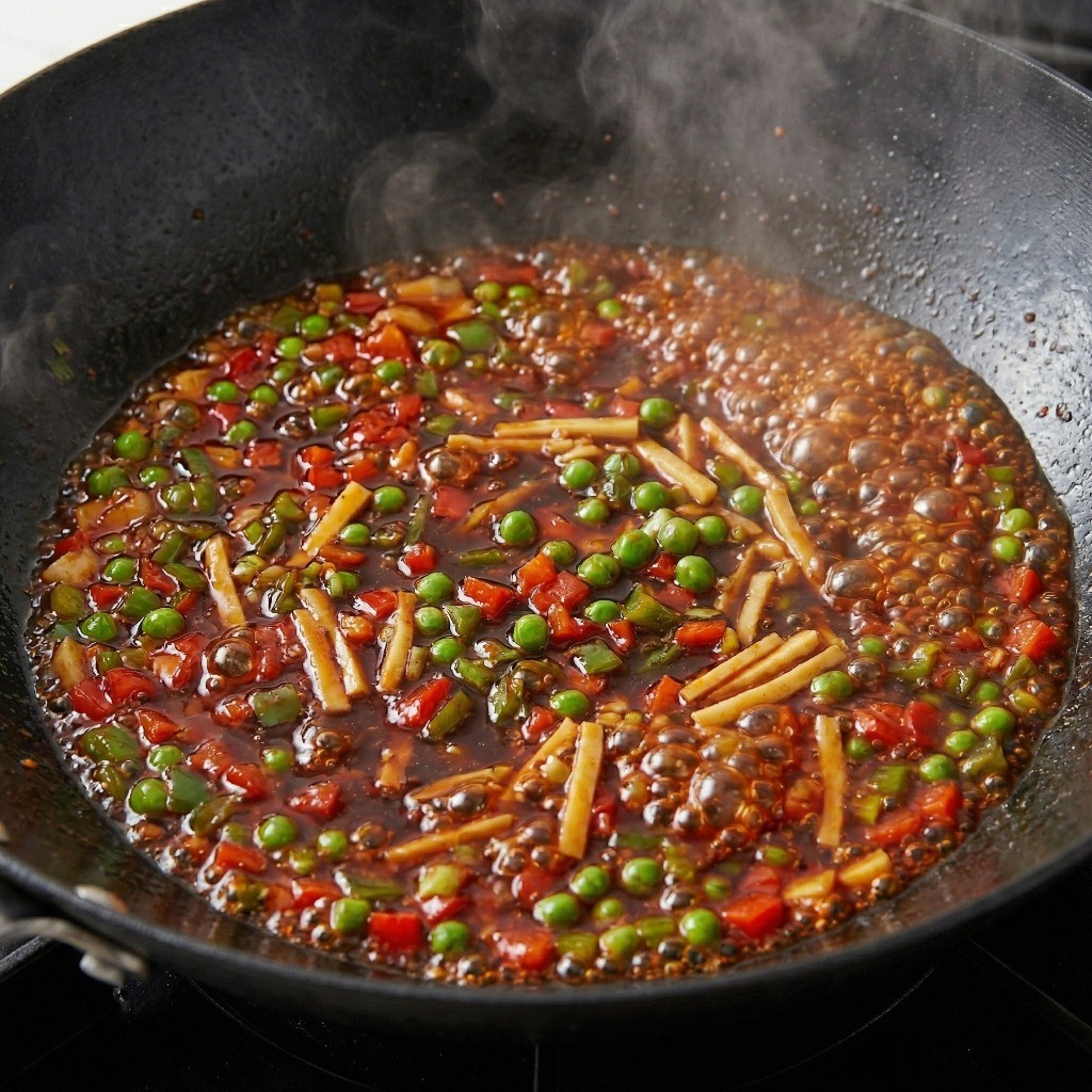 어향동고 소스 끓이기 - 고추기름에 다진 채소를 볶고 간장, 두반장, 굴소스를 넣어 끓이는 모습