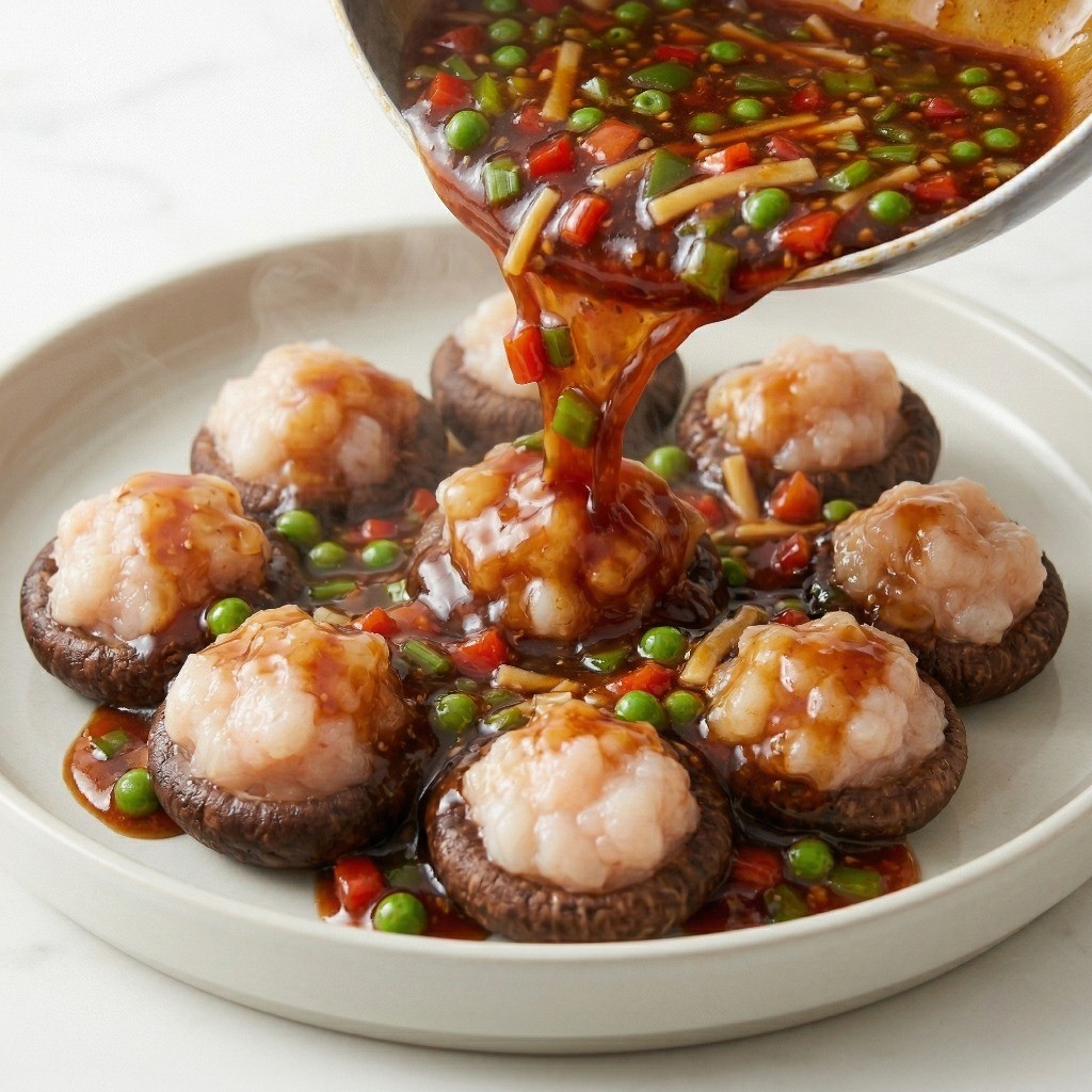 어향동고 소스 얹기 - 전분물로 농도를 맞춘 걸쭉한 어향 소스를 잘 쪄진 표고버섯 완자 위에 듬뿍 뿌리는 완성 단계