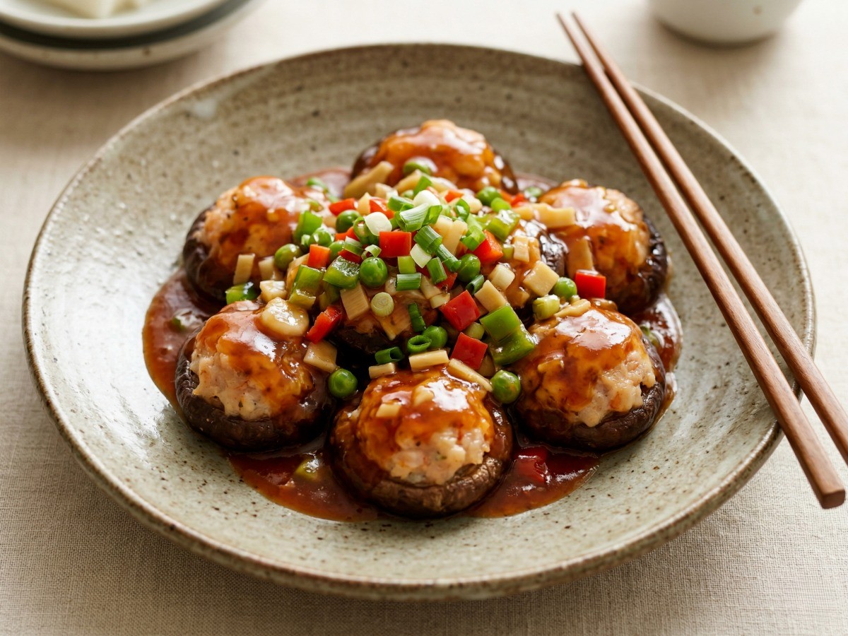 이연복 셰프의 어향동고 완성 요리 - 튀기지 않고 찐 담백한 중식 표고버섯 새우 완자