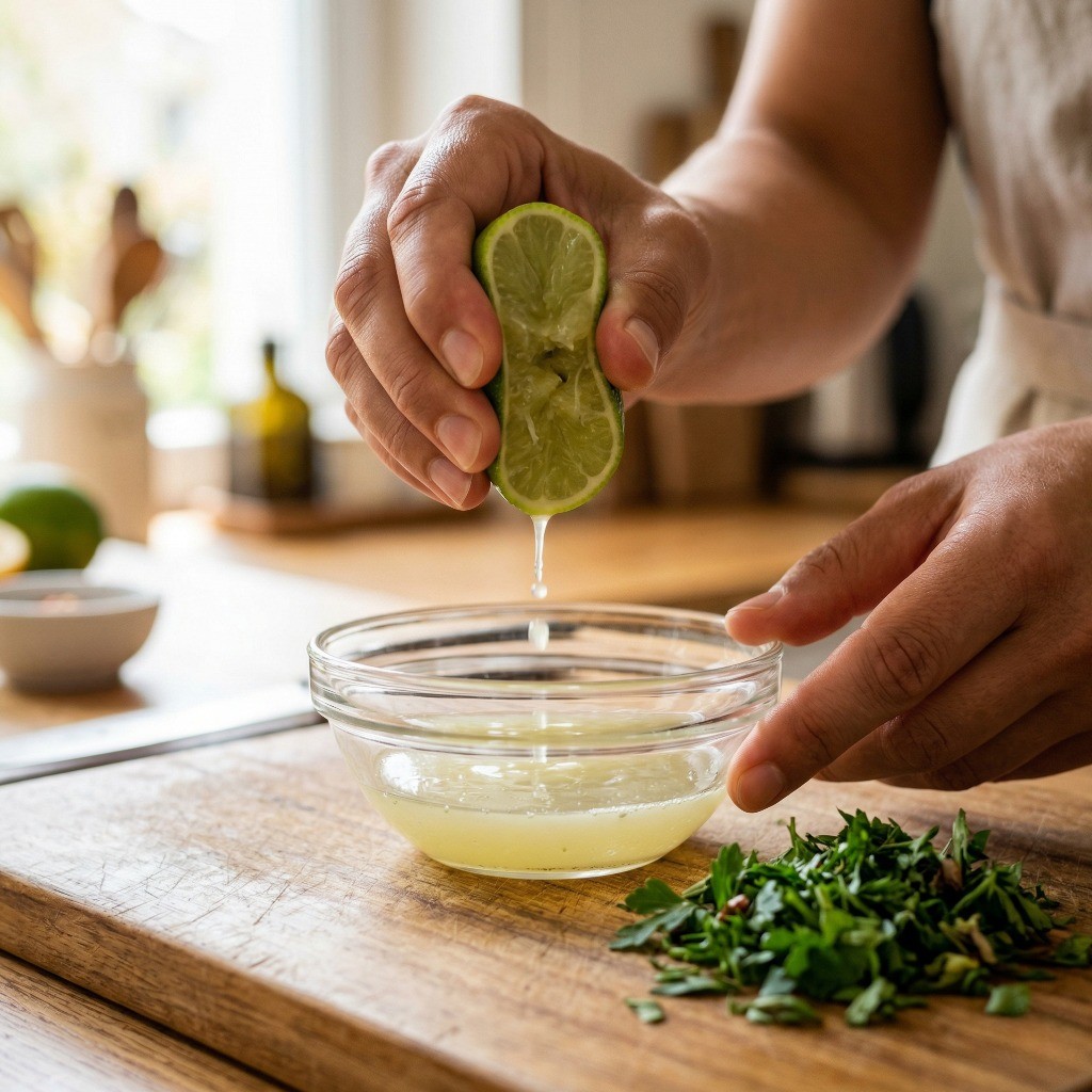 문어 세비체 드레싱용 라임 즙 짜기와 이탈리안 파슬리 다지기 과정