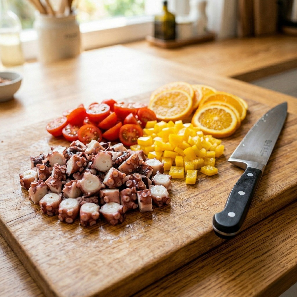 자숙 문어, 방울토마토, 파프리카, 오렌지를 먹기 좋게 깍둑썰기 한 모습