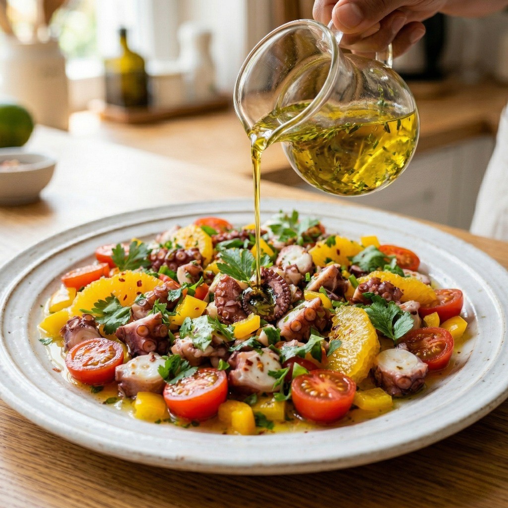 접시에 예쁘게 담은 문어 세비체에 올리브오일 허브 드레싱을 뿌려 완성한 모습