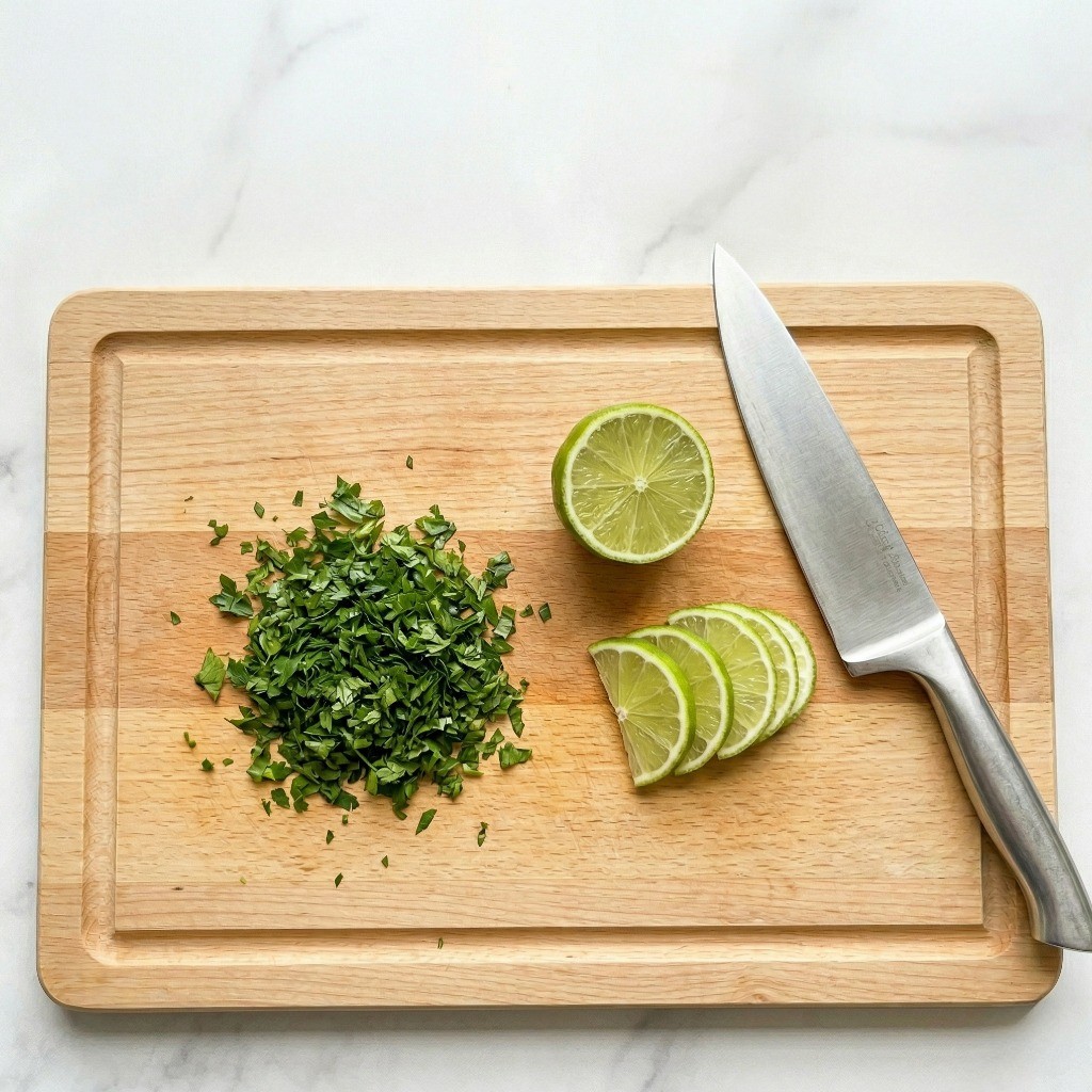 광어 카르파초 재료 손질: 잘게 다진 이탈리안 파슬리와 반달 모양으로 얇게 슬라이스 된 라임