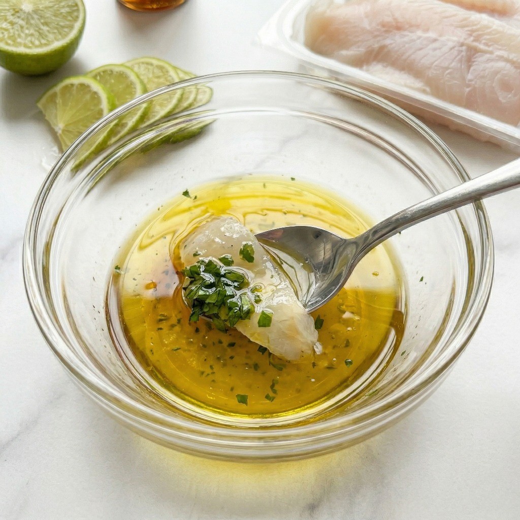 이연복 광어 카르파초 비법 소스 만들기: 라임즙, 피쉬소스, 올리브오일, 다진 파슬리가 섞인 완성된 소스