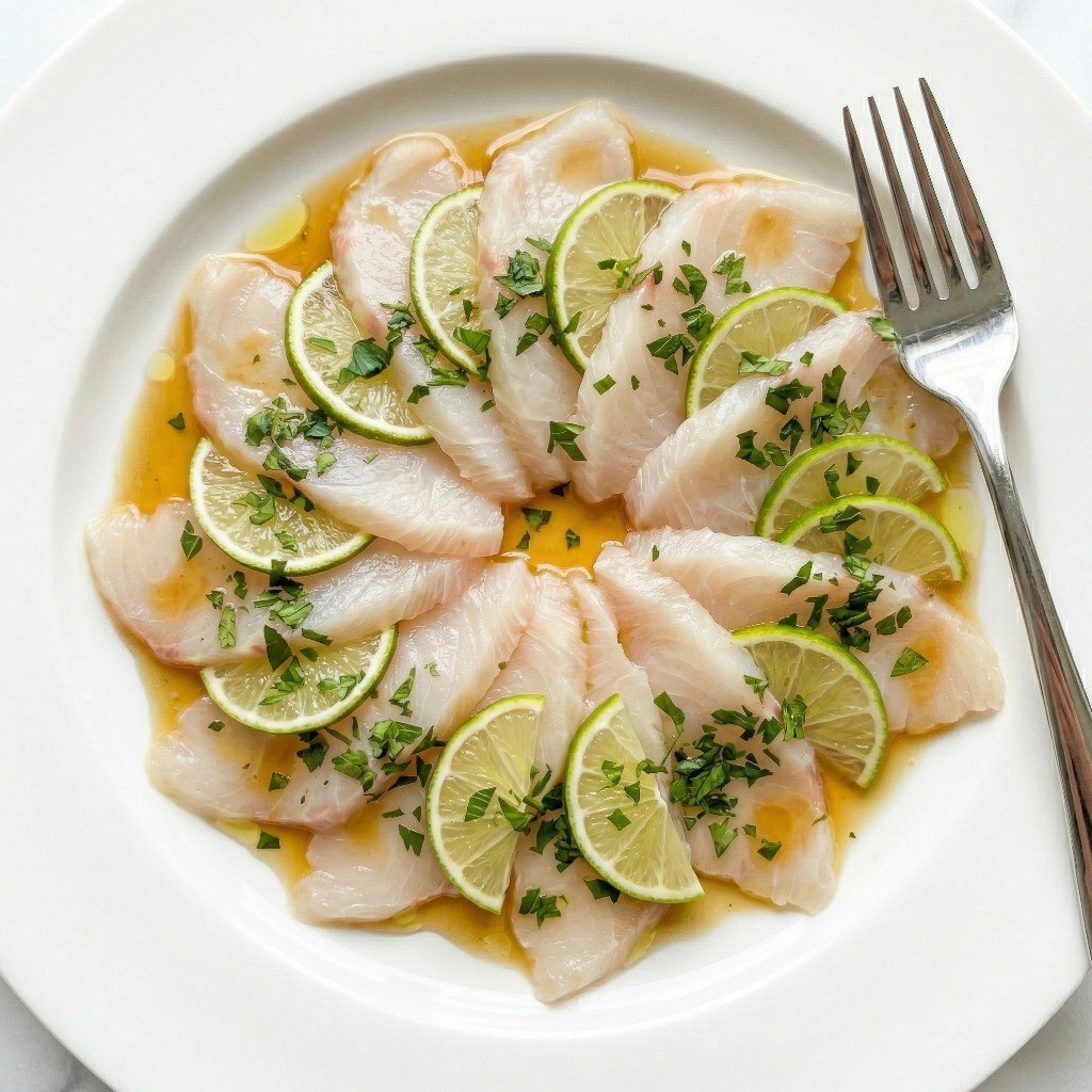 완성된 이연복 광어 카르파초 플레이팅: 라임 슬라이스와 쫄깃한 광어회가 교차로 예쁘게 담긴 홈파티 요리 접시