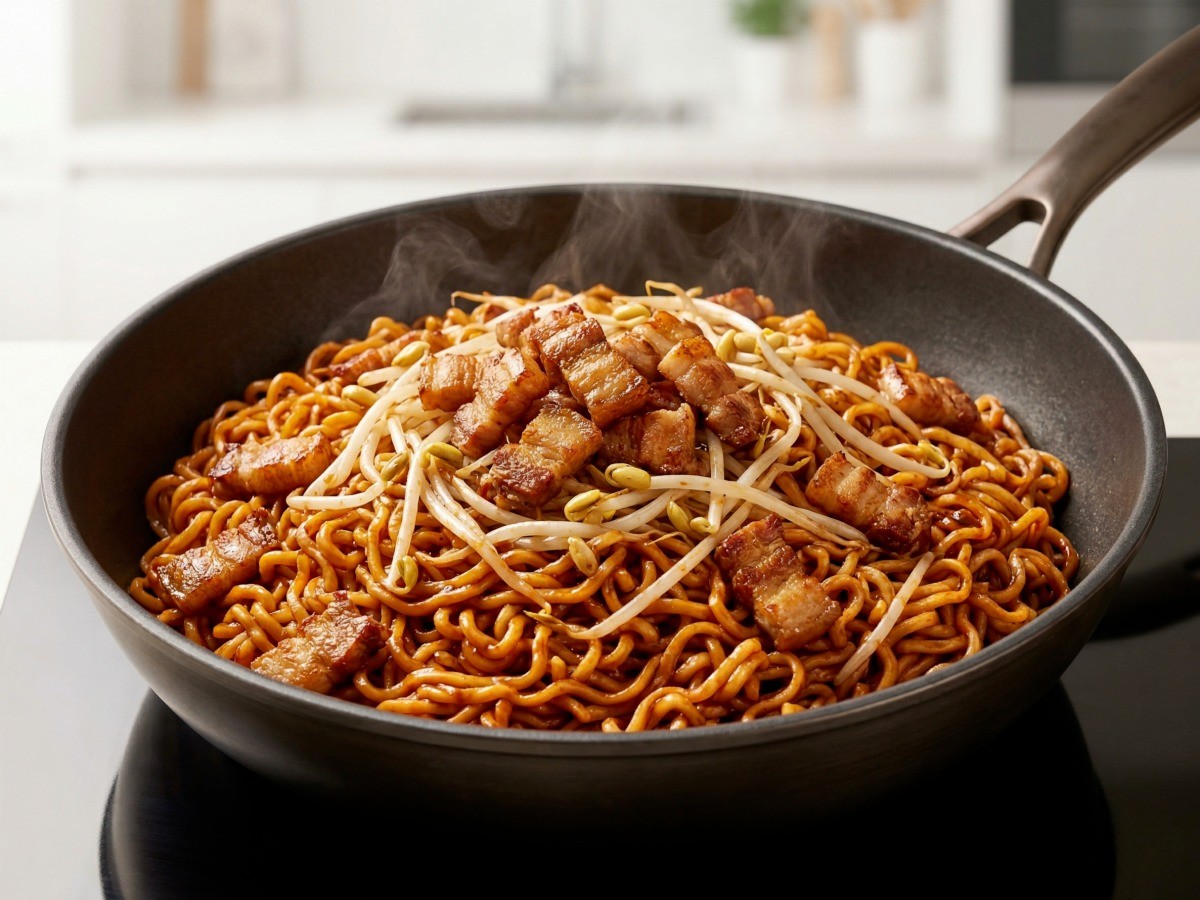 이연복 셰프의 초간단 야식 콩나물 삼겹살 볶음라면 완성 모습