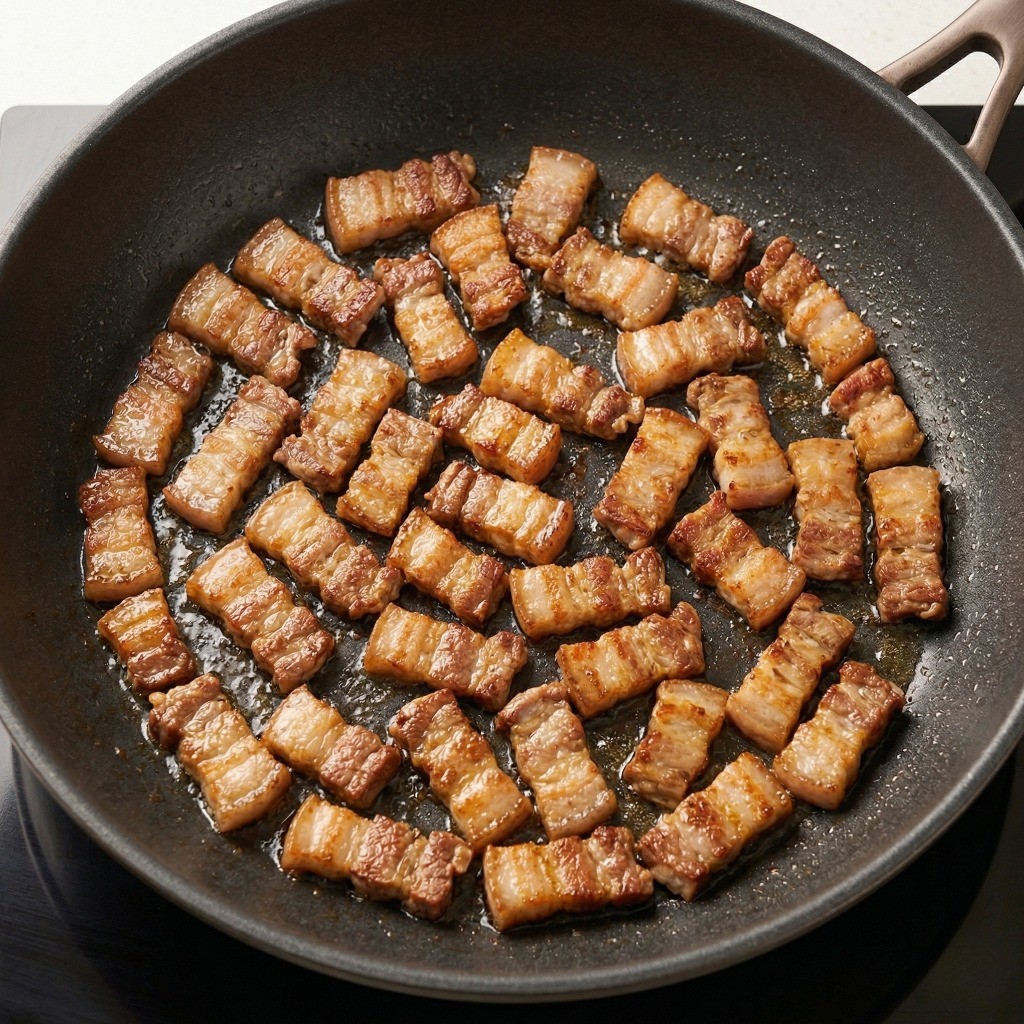 식용유 없이 팬에 잘게 썬 삼겹살을 노릇하게 굽는 모습