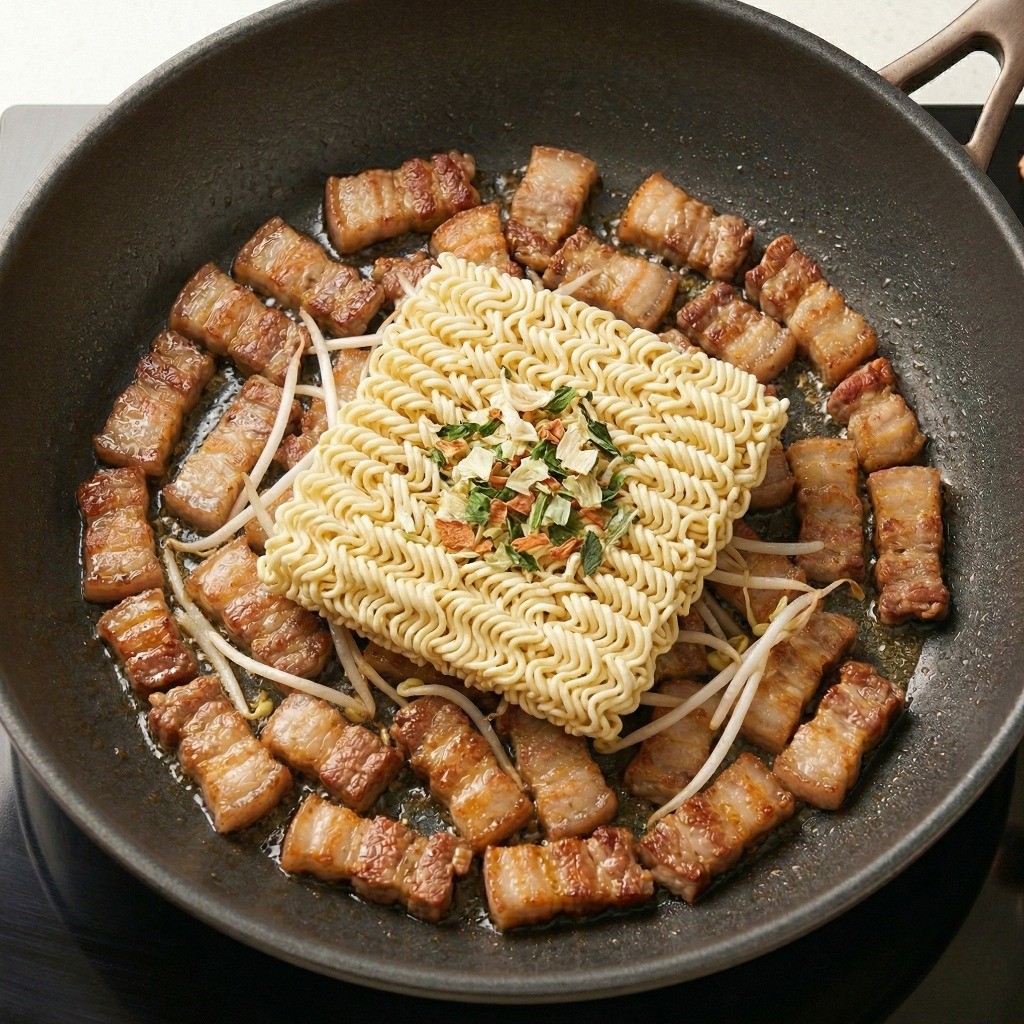 돼지고기 기름이 나온 팬에 씻은 콩나물을 넣고 숨이 죽을 때까지 볶는 과정