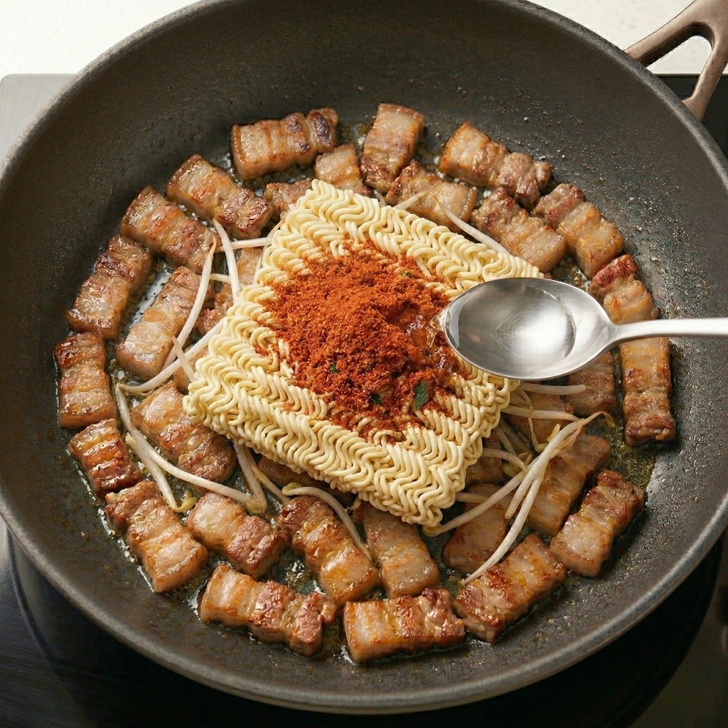 매운맛 라면 분말 스프를 뿌리고 뭉치지 않도록 물 2스푼을 추가하는 과정