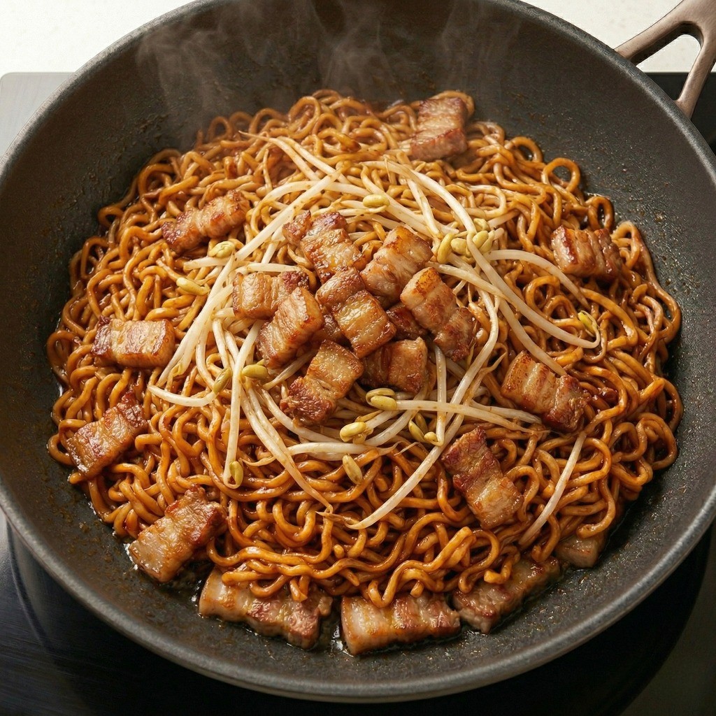 양념이 골고루 배어 윤기가 흐르는 완성된 이연복 콩나물 삼겹살 볶음라면