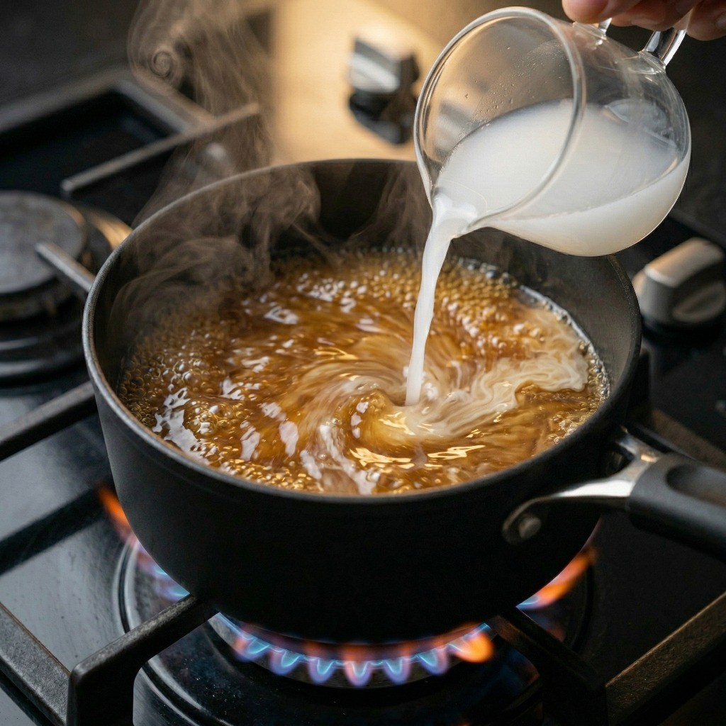 다이어트 연두부 레시피 3단계: 끓는 육수에 전분물을 천천히 부어 걸쭉한 소스 농도를 맞추는 모습