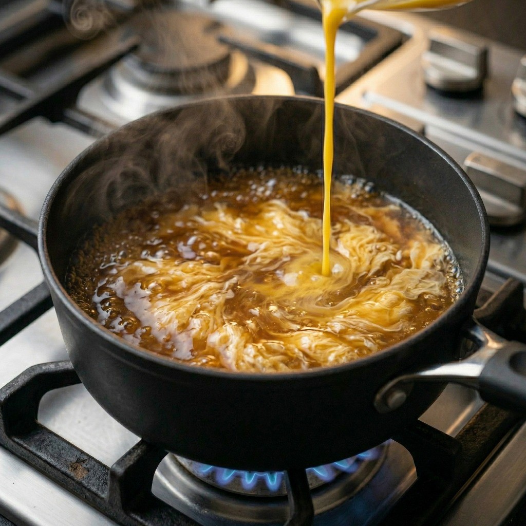 다이어트 연두부 레시피 4단계: 걸쭉해진 굴소스 베이스에 푼 계란을 둥글게 부어 부드러운 계란탕 소스를 만드는 모습