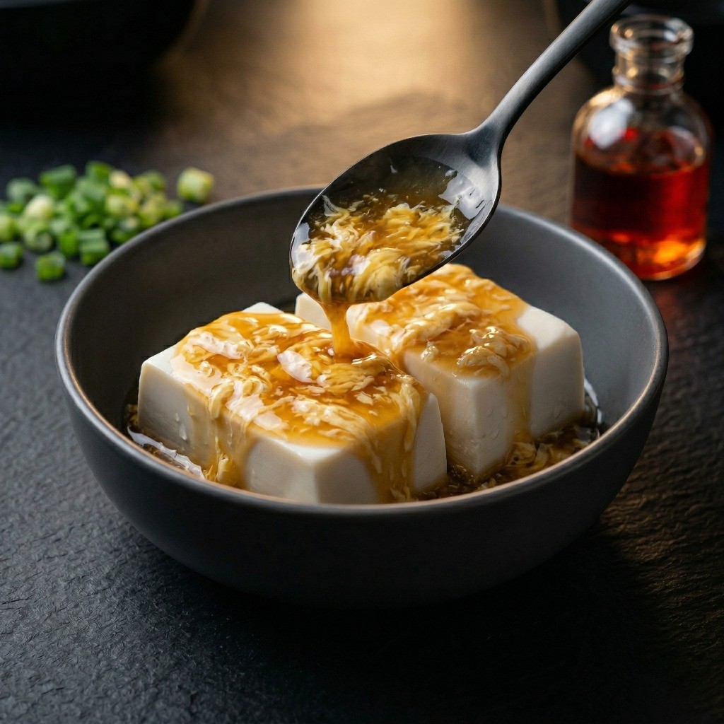 다이어트 연두부 레시피 5단계: 따뜻한 연두부 위에 완성된 계란 소스를 붓고 파와 고추기름으로 풍미를 더한 플레이팅