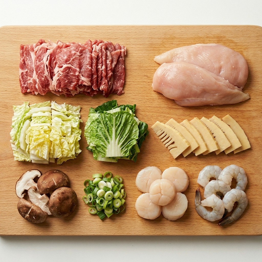 팔진탕면 재료인 소고기, 닭가슴살, 배추를 얇게 저미듯 썰어 손질하는 과정