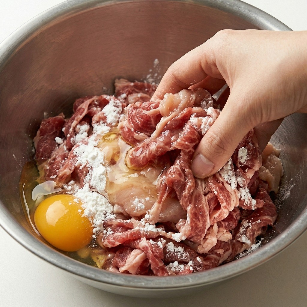 소고기와 닭가슴살에 전분과 계란을 넣어 촉촉하게 밑간하는 중식 고기 마리네이드 비법