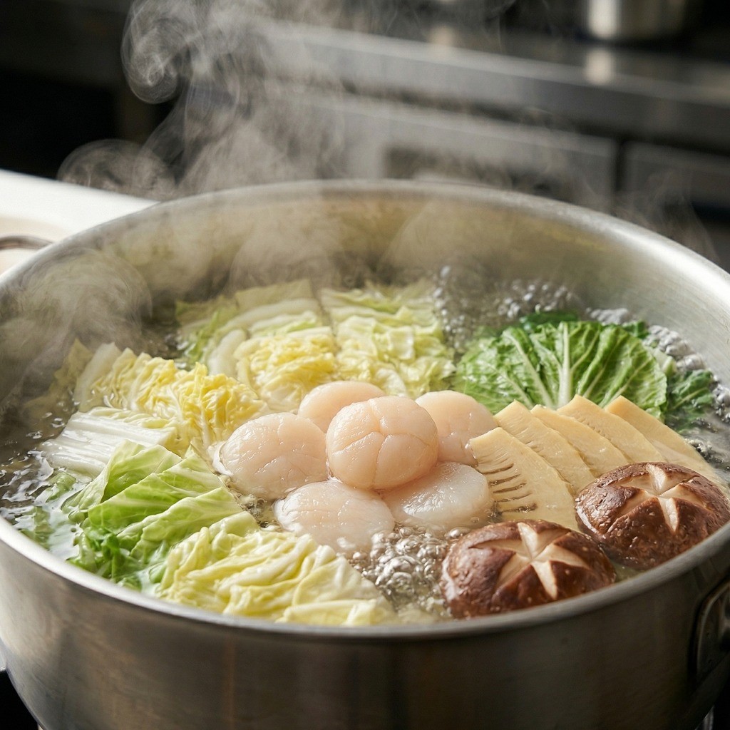 관자 등 해산물과 알배기 배추를 끓는 물에 살짝 데쳐 식감을 살리는 과정