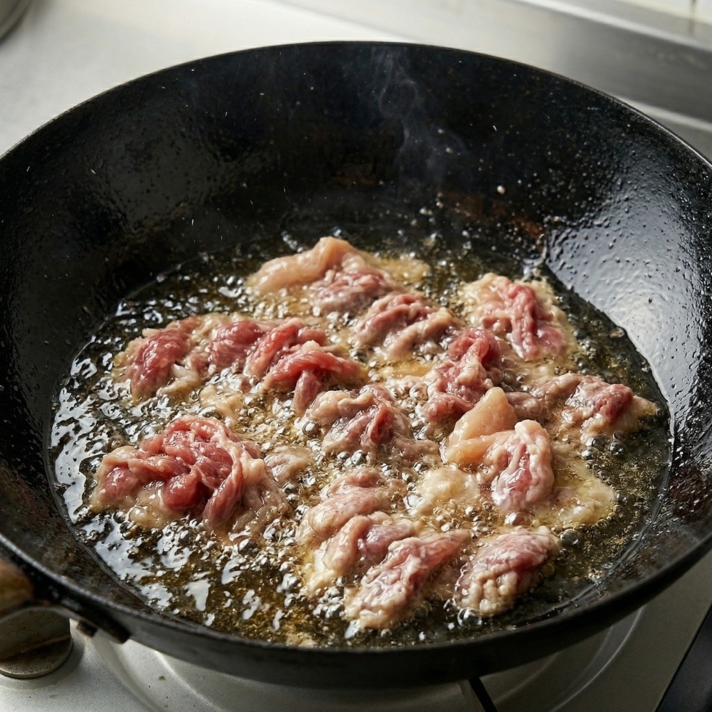 식용유를 넉넉히 두른 팬에 밑간한 고기를 넣어 뭉치지 않게 볶아내는 화하기 조리법