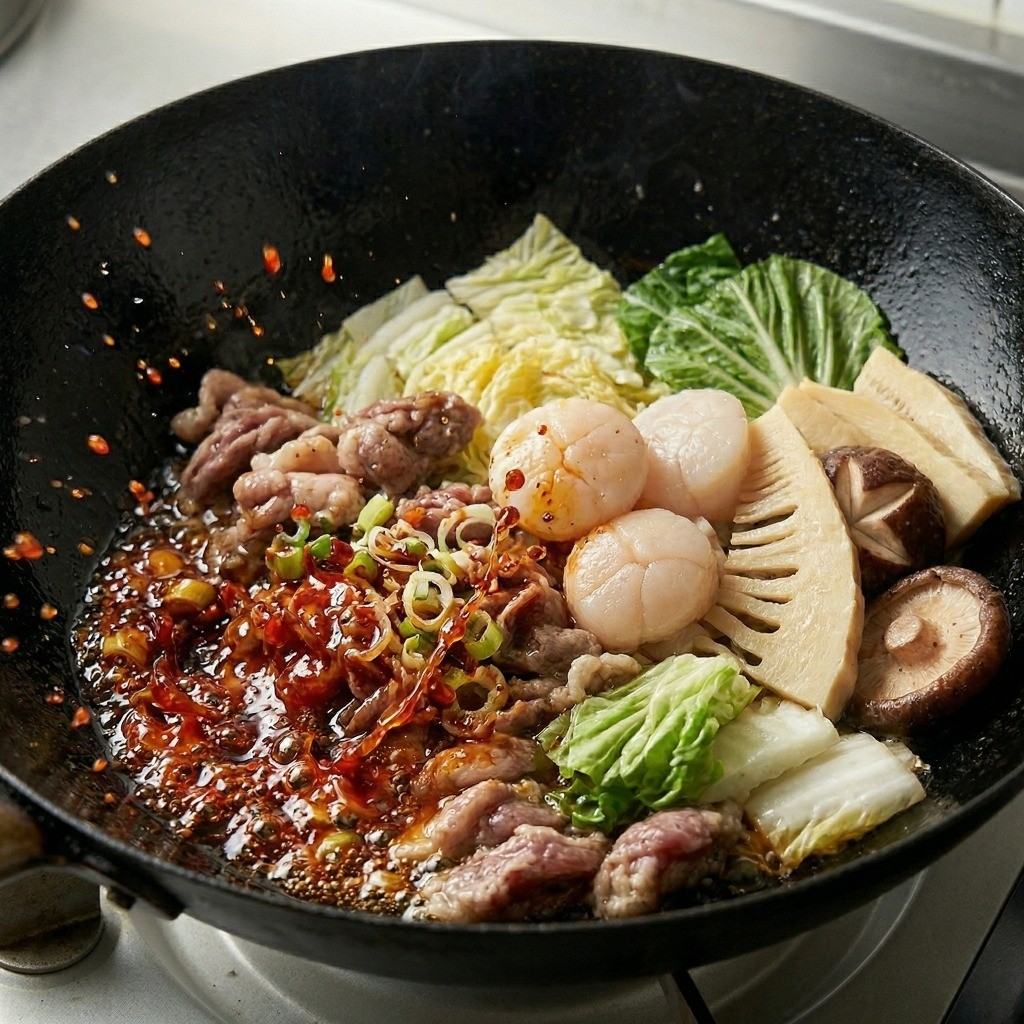 고추기름에 대파를 볶아 파기름을 낸 후 데친 해산물과 채소, 고기를 함께 볶는 과정