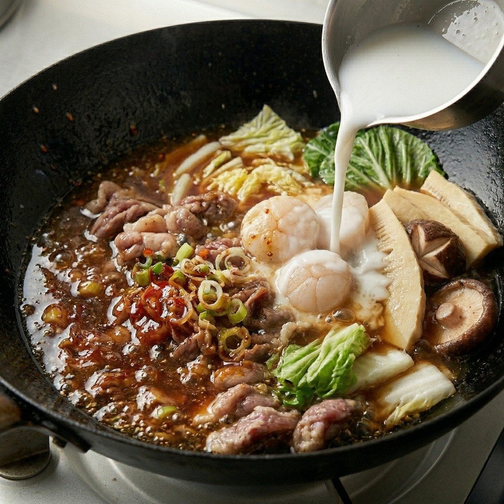 굴소스와 치킨스톡으로 맛을 낸 팔진탕면 국물에 전분물을 풀어 걸쭉하고 진한 농도 맞추기
